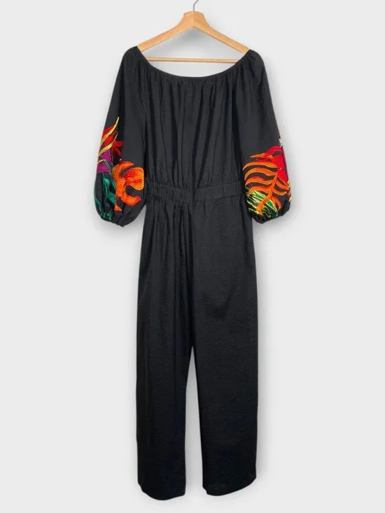 Desigual Stella Jean Jumpsuit L Embroidered Black Off Shoulder - Picture 2 of 13